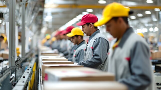 Workers on assembly line in factory.