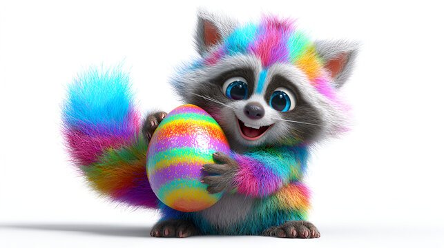 Colorful rainbow fur raccoon character holding a striped easter egg on white background