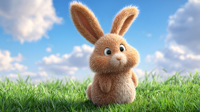 Fluffy brown baby bunny sitting in a green meadow under a blue sky