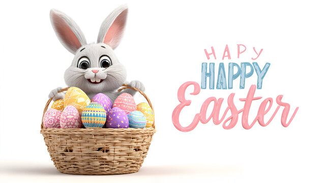 Cartoon bunny rabbit holding a basket of decorated eggs with happy easter text