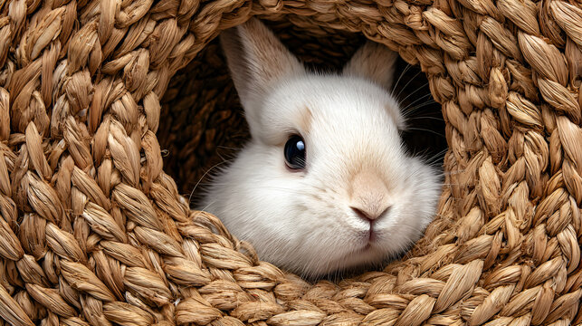 Small white rabbit peeking out from a cozy woven straw nest or burrow