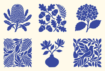 Blue botanical block print set. Protea, oak leaves, hydrangea, magnolia and bird motifs. Vintage folk art style on beige. Vector isolated illustration collection.  © MH HASIB
