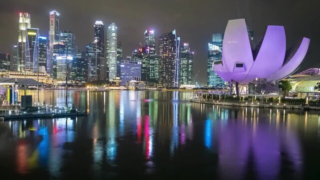 Singapore at Night, The Futuristic Art Science Museum & Marina Bay Sands