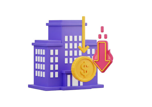 3d illustration of a purple building with a falling coin and red arrow indicating a decrease in value, isolated on transparent background