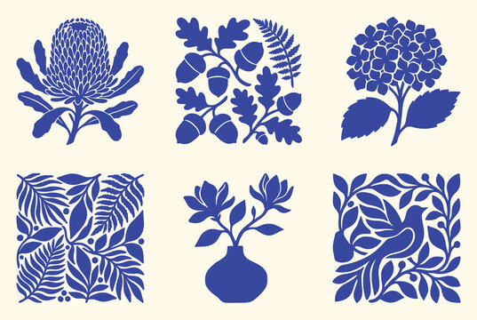 Blue botanical block print set. Protea, oak leaves, hydrangea, magnolia and bird motifs. Vintage folk art style on beige. Vector isolated illustration collection. 