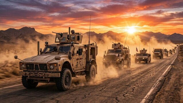 military convoy driving on desert highway at sunset. Armored vehicles kicking up dust in arid landscape. Tactical deployment concept.