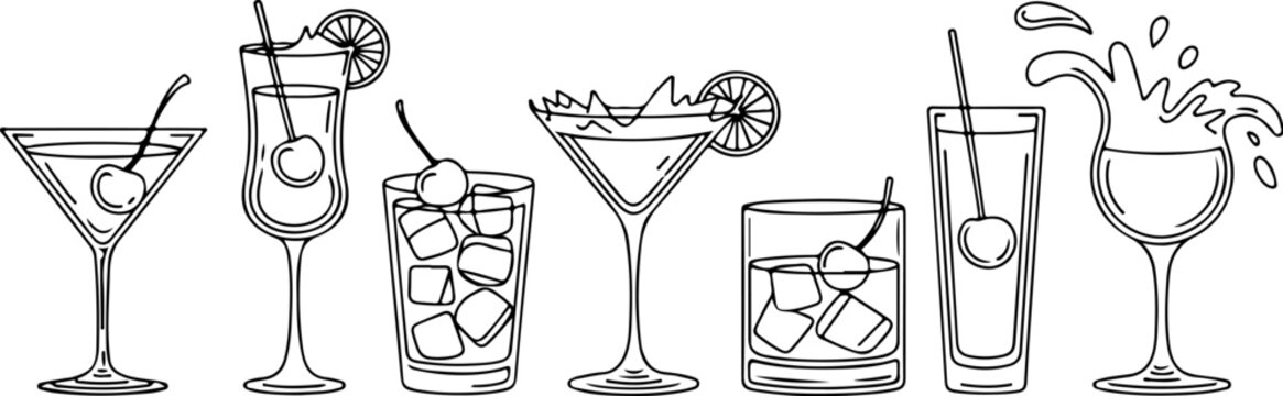 Vintage hand drawn cocktail glasses engraving illustration featuring daiquiri old fashioned manhattan martini and sidecar vector set