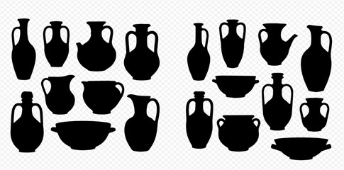 Set of ancient Greek and Roman pottery silhouettes, including amphorae, jugs, and bowls, isolated on a transparent background. © Adji