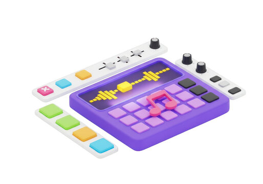 3d illustration of a purple music production controller with colorful buttons and a sound wave display, isolated on transparent background