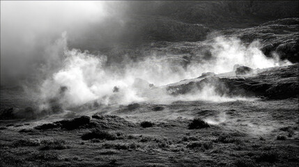 Fototapeta premium Dry ice smoke floating on black floor concept. Misty landscape capturing the serene essence of nature's solitude.