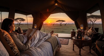 Fototapeta premium Woman reads in luxury tent, sunrise view of African savanna