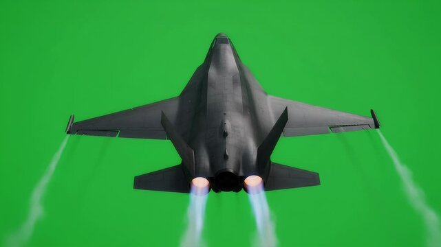 Advanced stealth fighter jet military aircraft with afterburners, green screen background