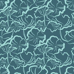 Fototapeta premium Seamless teal floral outline pattern. Elegant modern botanical bold line art background. Monochrome mint and slate blue textile design.