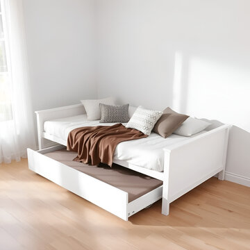 Modern daybed with pull-out trundle and soft pillows on white