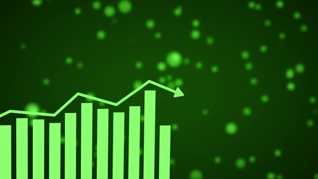 A light green bar chart with an upward trending arrow overlaid on a blurred dark green background with scattered green bokeh lights creating a vibrant and dynamic visual effect Keywords: chart