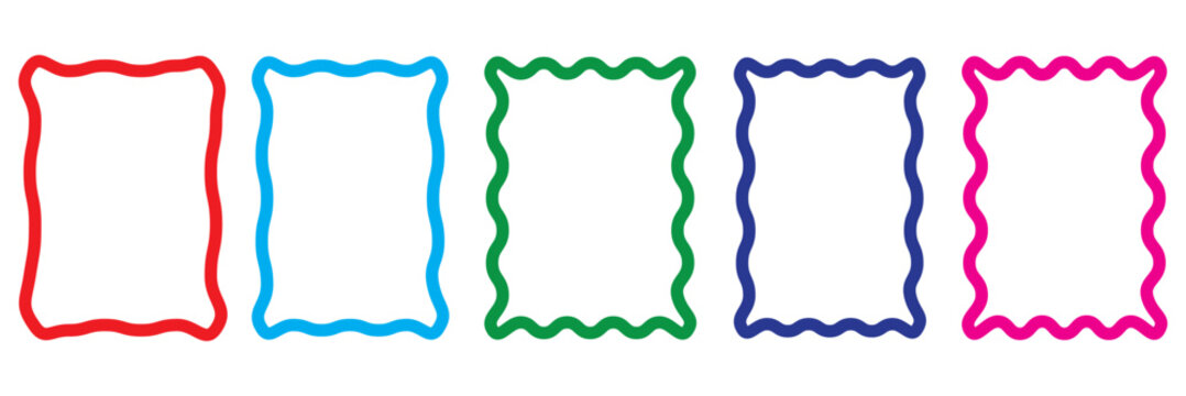 Set of colorful round and oval, rectangular and square, arch shapes with curvy edges. Cute geometric forms with scalloped borders. Empty textboxes, stickers, tags or labels. Vector flat illustration