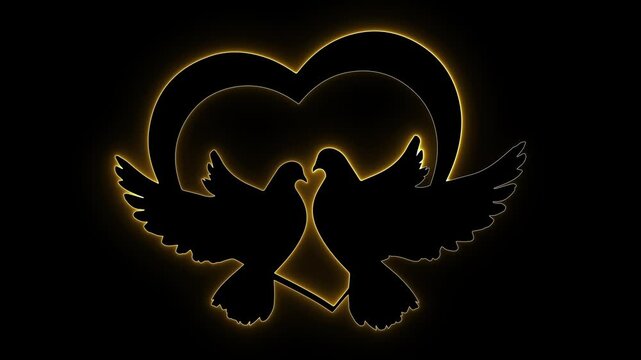 Romantic love birds. Golden heart glow. Wedding dove sign. Neon couple birds. Eternal love icon. Glowing valentine. Peace and love. Dark gold harmony. Elegant union art. Sacred bond glow.
