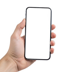 A hand holding a modern smartphone with a blank screen