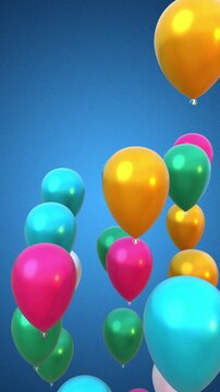 Happy birthday congratulation video, colored balloons flying up, falling down confetti on blue background. Anniversary celebration loop animation