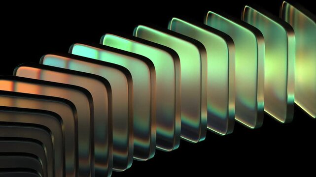4k looping video, abstract geometric animation, rotating colorful glass shapes on a black background, 3d render