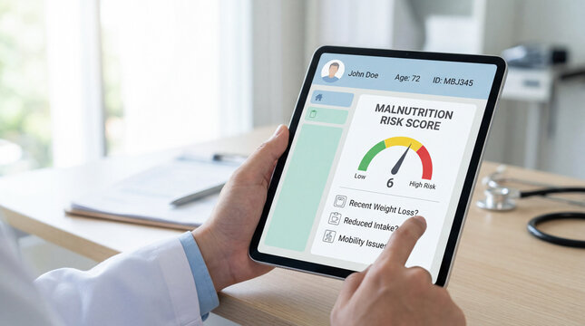 Medical professional holding a tablet with a malnutrition risk score interface showing patient profile, risk gauge, and screening questions on a desk in a clinical setting.