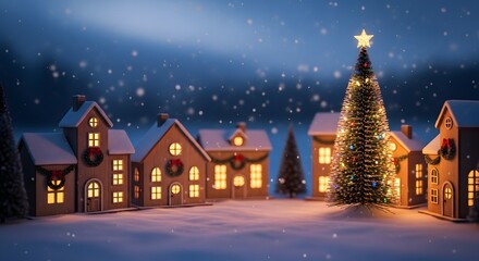 Fototapeta premium Magical Christmas Village Scene with Decorated Tree and Snowfall