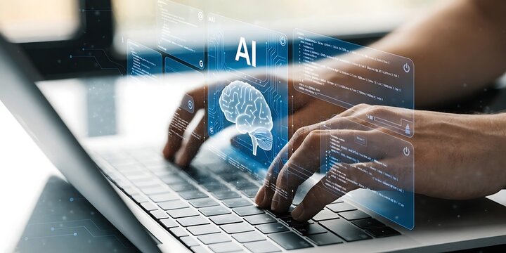 AI Artificial Intelligence. Business man using AI technology for data analysis, coding computer language with digital brain, machine learning on virtual screen