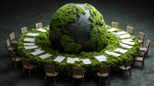 Sustainable world green planet environmental meeting global cooperation eco conference moss earth round table climate discussion international