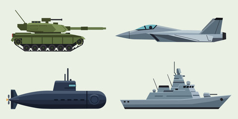 Obraz premium Military Arsenal: Depicting a modern military arsenal, this image showcases a tank, fighter jet, submarine, and warship, each symbolizing strength, technology, and readiness.