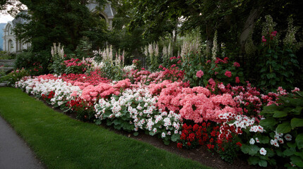 Obraz premium Luxurious two story house with landscaped yard concept. Vibrant garden flowers blooming in a lush green landscape.