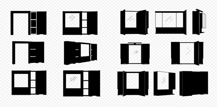 Set of black and white silhouettes of modern wardrobes and cabinets with open and closed doors, isolated on a transparent background.