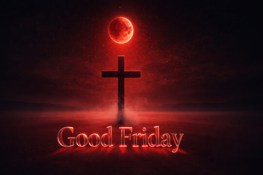 Good Friday cross with red moon and glowing text Keywords: Good Friday, cross, red moon, night