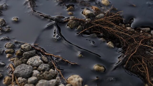Close-up view of dark, oily water with small stones and plant roots visible