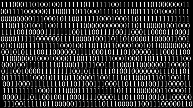 Binary code digital abstract background featuring streams of white ones and zeros on a black screen on 4k motion video..