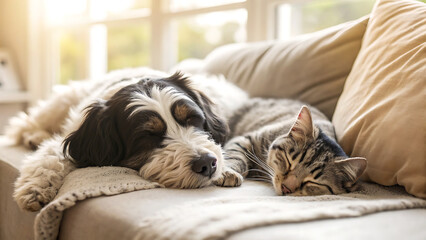 Fluffy black and white dog sleeping peacefully with striped cat on cozy beige couch at home