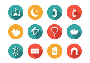 Fototapeta premium Collection of flat design vector icons representing various elements of Islamic culture, traditions, and religious observances like Ramadan and Eid celebrations, with long shadow effect