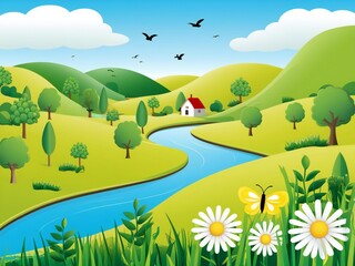 Naklejka premium Vibrant cartoon landscape with rolling green hills a winding river and a small cottage