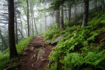 Fototapeta premium Misty Forest Hiking Trail Winding Through Ferns and Tall Trees woods path
