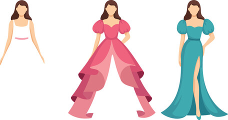 Elegant princess dress vector set with women wearing colorful ball gowns evening dresses fairy tale fashion illustration © Mousumi