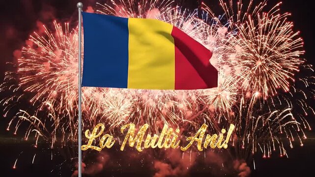 A video of the Romanian flag waving with fireworks and La Multi Ani text