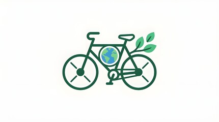 Fototapeta premium Sustainable Green Bike Icon Featuring Central Earth Globe and Growing Leaves Symbolizing Eco-Friendly Commuting and Carbon Footprint Reduction for Environmental Protection and Healthy Urban Living