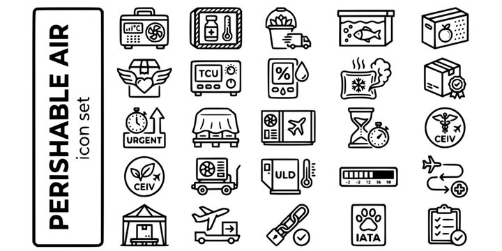 Perishable Air Cargo Bold Line Icons-Pharma Vaccine Seafood Flower Organ TCU CEIV Dry Ice Humidity Tarmac Protection-25 Perishable Air Cargo Icon Set Vector