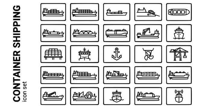 Container Shipping Vessel Types Bold Line Icons-ULCV Feeder RoRo Bulk Tanker LNG Car Carrier Heavy Lift Panamax-25 Container Shipping Icon Set Vector