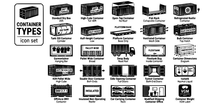 Shipping Container Types Bold Line Icons-Standard Dry High Cube Open Top Flat Rack Reefer Tank Flexitank Garmentainer-25 Container Types Icon Set Vector