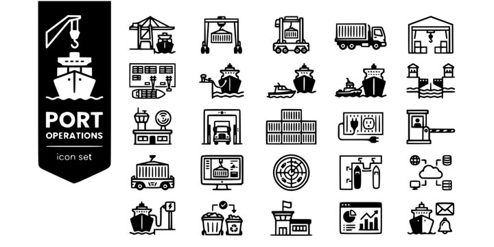 Port Terminal Operations Bold Line Icons-STS Crane RTG Straddle Carrier Tug Pilot Berth Gate AGV TOS VTS Shore Power-25 Port Operations Icon Set Vector