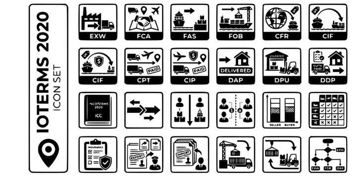Incoterms 2020 Trade Terms Bold Line Icons-EXW FCA FOB CIF DAP DDP CPT CIP DPU Risk Transfer Seller Buyer Split-25 Incoterms Icon Set Vector