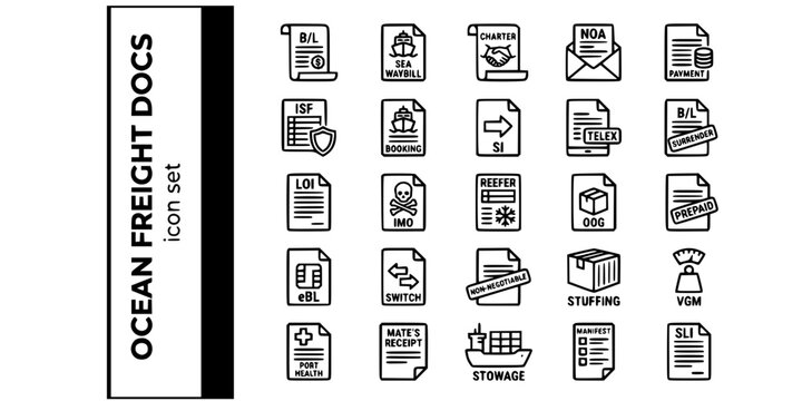 Ocean Freight Documentation Bold Line Icons-Bill of Lading Sea Waybill ISF NOA LOI IMO eBL VGM Telex Release-25 Ocean Docs Icon Set Vector