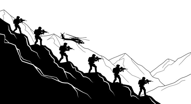 Military helicopter drops soldiers on a steep mountain slope, tactical operation, combat readiness