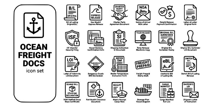 Ocean Freight Documentation Bold Line Icons-Bill of Lading Sea Waybill ISF NOA LOI IMO eBL VGM Telex Release-25 Ocean Docs Icon Set Vector