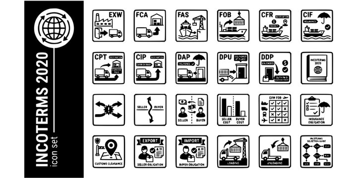 Incoterms 2020 Trade Terms Bold Line Icons-EXW FCA FOB CIF DAP DDP CPT CIP DPU Risk Transfer Seller Buyer Split-25 Incoterms Icon Set Vector